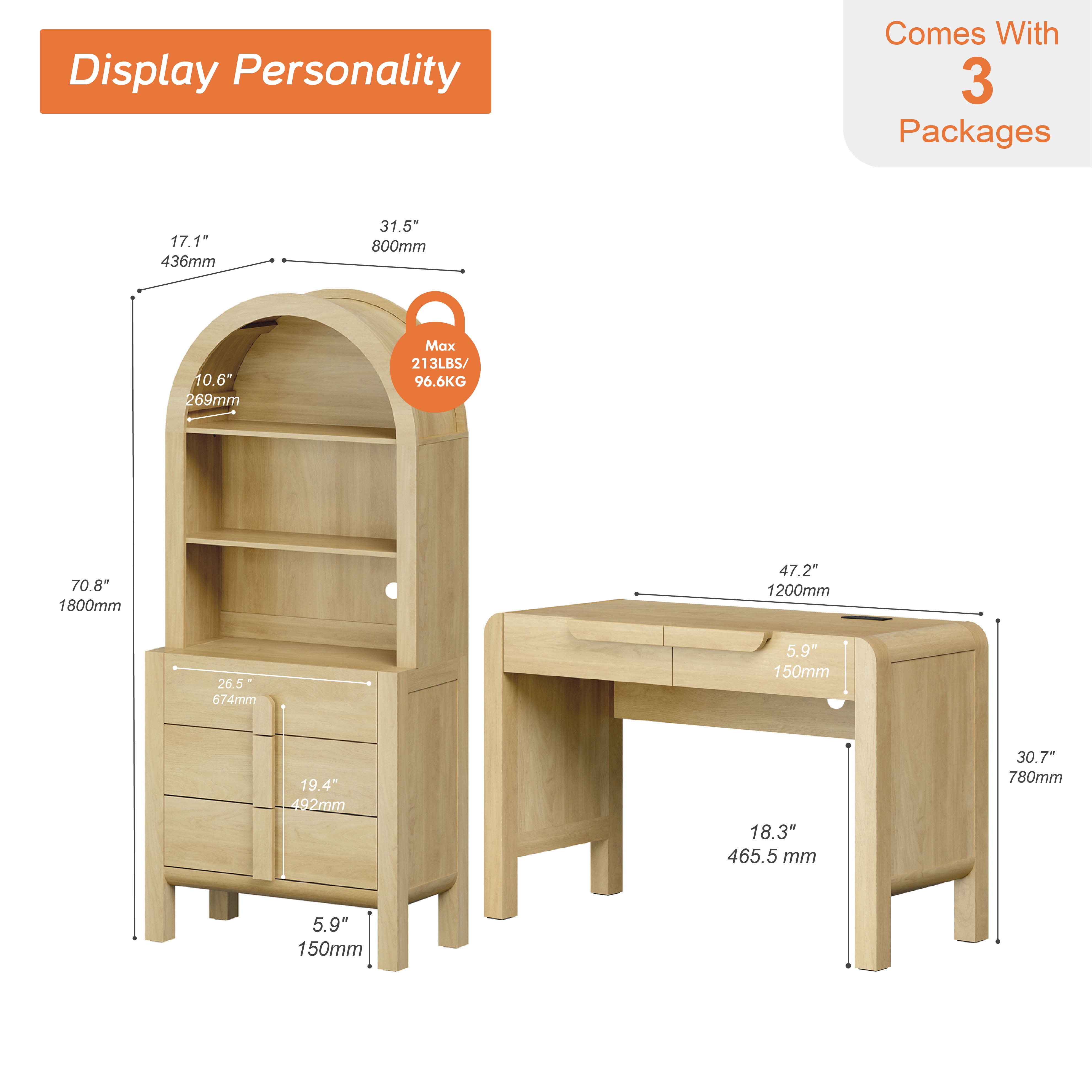 2 Piece Office Set, 47" Modern Executive Desk with Charging Station and Drawers & 71"H Tall 3-Tier Arched Bookcases with Open Storage for Living Room, Bedroom, Home Office