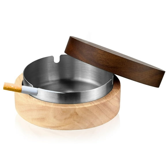 Cute Ashtrays for Cigarettes Ash Tray with Lid Wooden Ashtray with Stainless Steel Portable Easy to Clean Decorative Ashtray Windproof Ashtray for Home,Patio,Office,Outdoors,Indoor,Parties