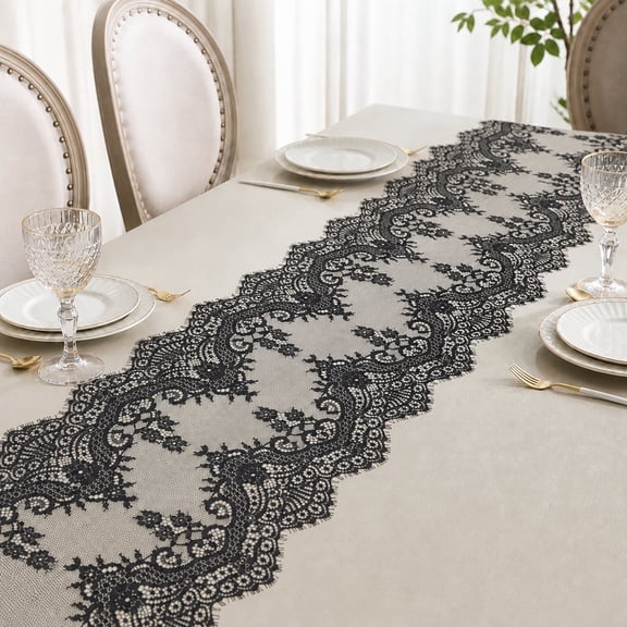 Aemutady 15"x118" Black Premium Lace Table Runner – Vintage Classy Rustic Runner Decor with Scalloped Frill Edges, Elegant Lace Runner for Dining Table