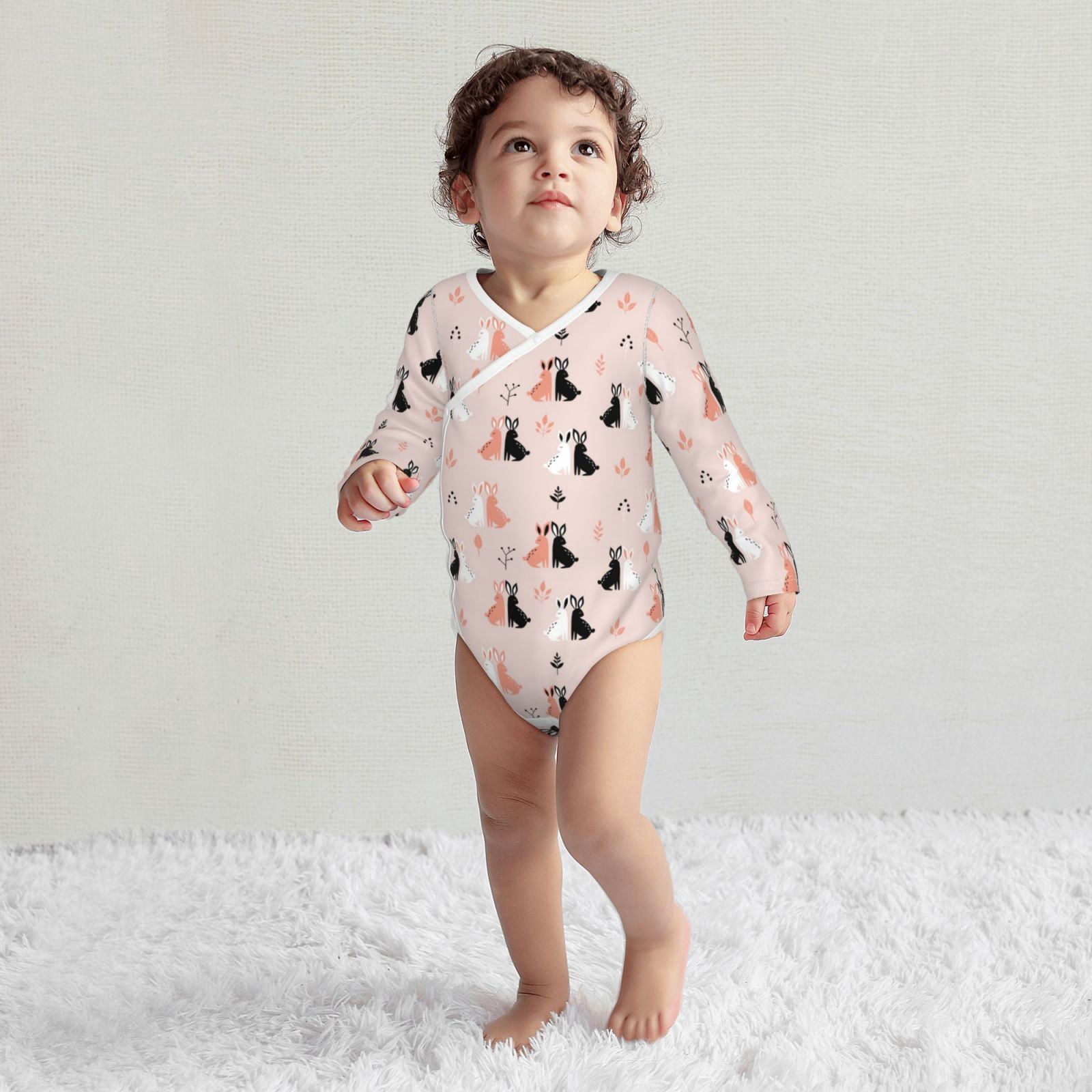 Xecao White And Black Rabbit Print Baby unisex-baby Cotton Long-sleeve Bodysuits-3 Months