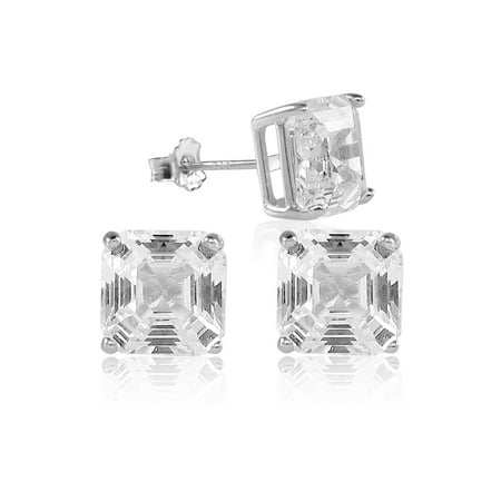 Asscher Stud Earrings Asscher Cut 10x10mm White Cubic Zirconia Basket Setting Rhodium Plated Stud Earrings ()