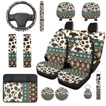 Uorisanigo Aztec Cow Print 14 Pack Cars Seat Covers Full Set with Comfortable Car Headrest Cover and Steering Wheel Cover and Car Armrest Cover Seat Belt Pads Suitable for Most Cars SUVs