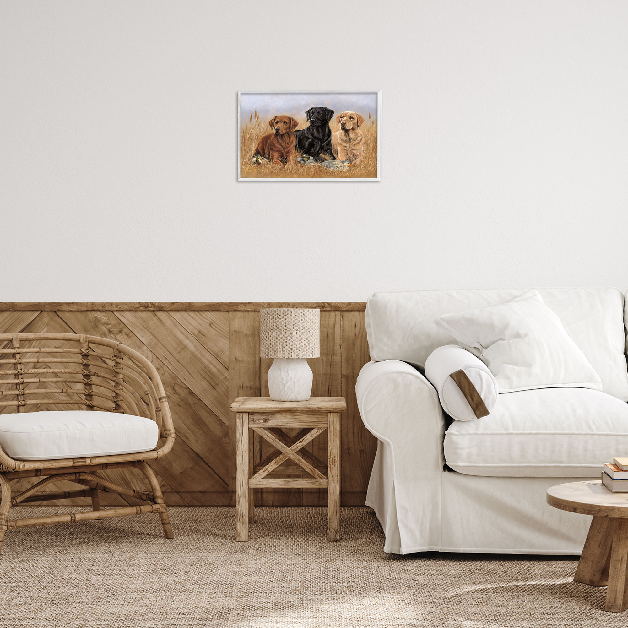 Stupell Industries Dog Trio & Ducks Animals & Insects Painting White Framed Art Print Wall Art, 18 x 12