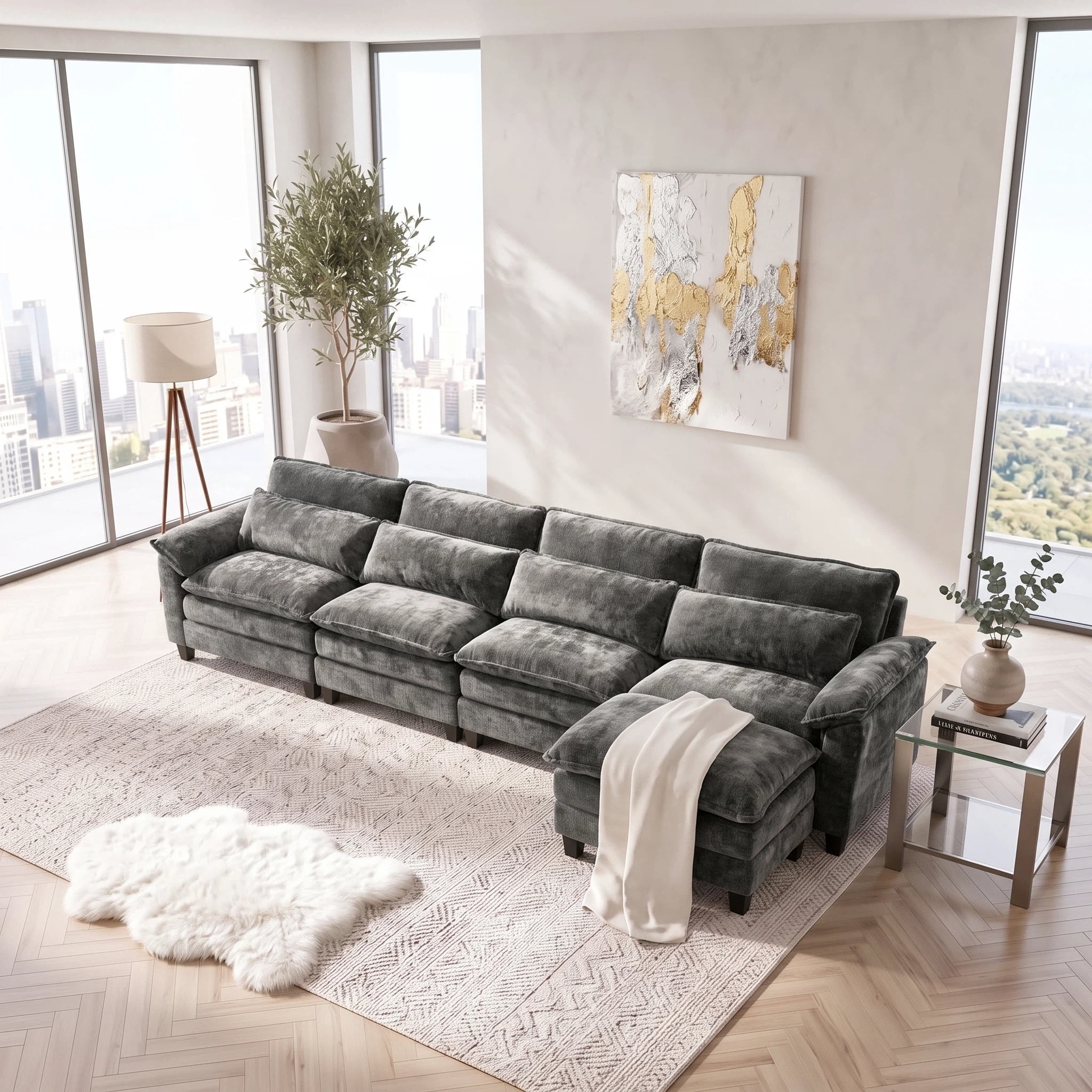 UBERLYFE 148" L Shaped Cloud Modular Sectional Sofa, Deep Wide Seat Couch with Ottoman, USB Charging Ports, Side Storage Pockets & Throw Pillows, Modern Chenille Living Room Furniture, Gray