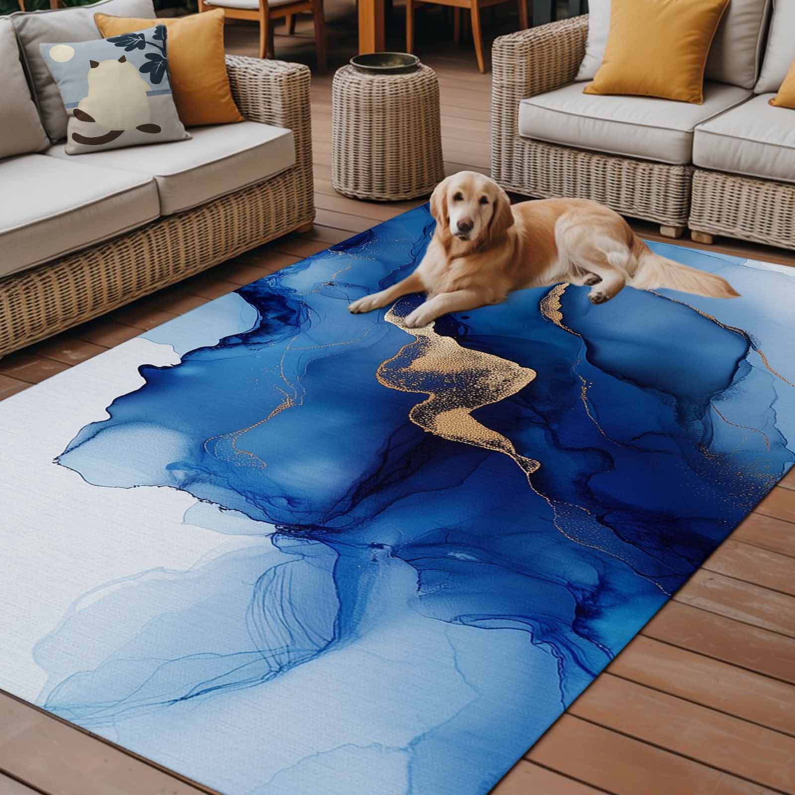 Outdoor Rug 5x8ft Abstract Ombre Blue Marble Large Area Rug White Modern Art Indoor Outdoor Carpet Outdoor Rugs Mats for Patio Camping,RV,Front Door, Outside Decor