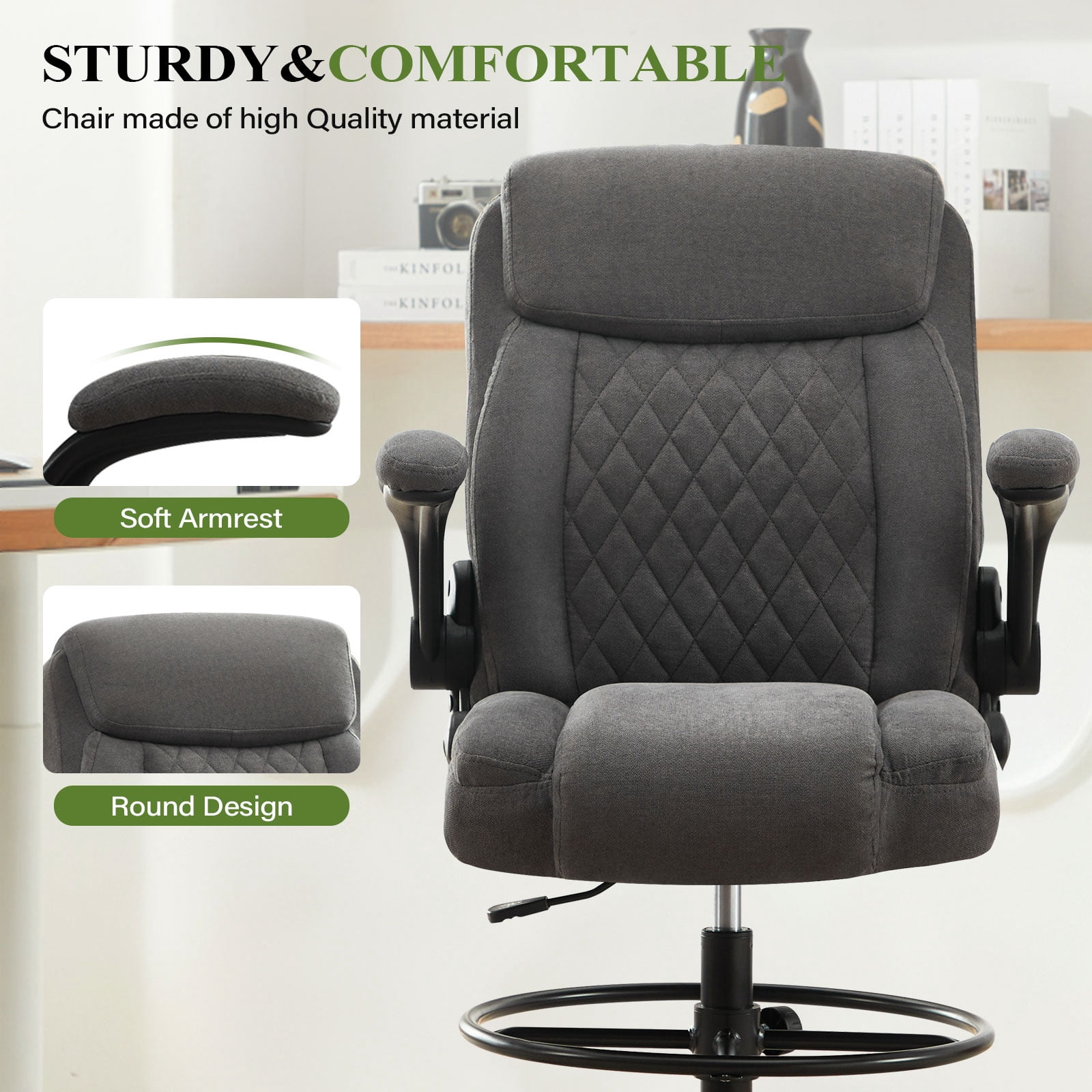 JONPONY Tall Office Chair for Standing Desk, Ergonomic High Office Chair with Adjustable Foot Ring, Flip-Up Armrests, Lumbar Support for Home office ,Dark Gray