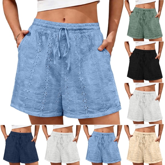 Lumtrix Shorts for Women Summer Casual Elastic Waist Drawstring Cute Eyelet Boho Lounge Shorts Beach Vacation Pants with Pockets Beige L