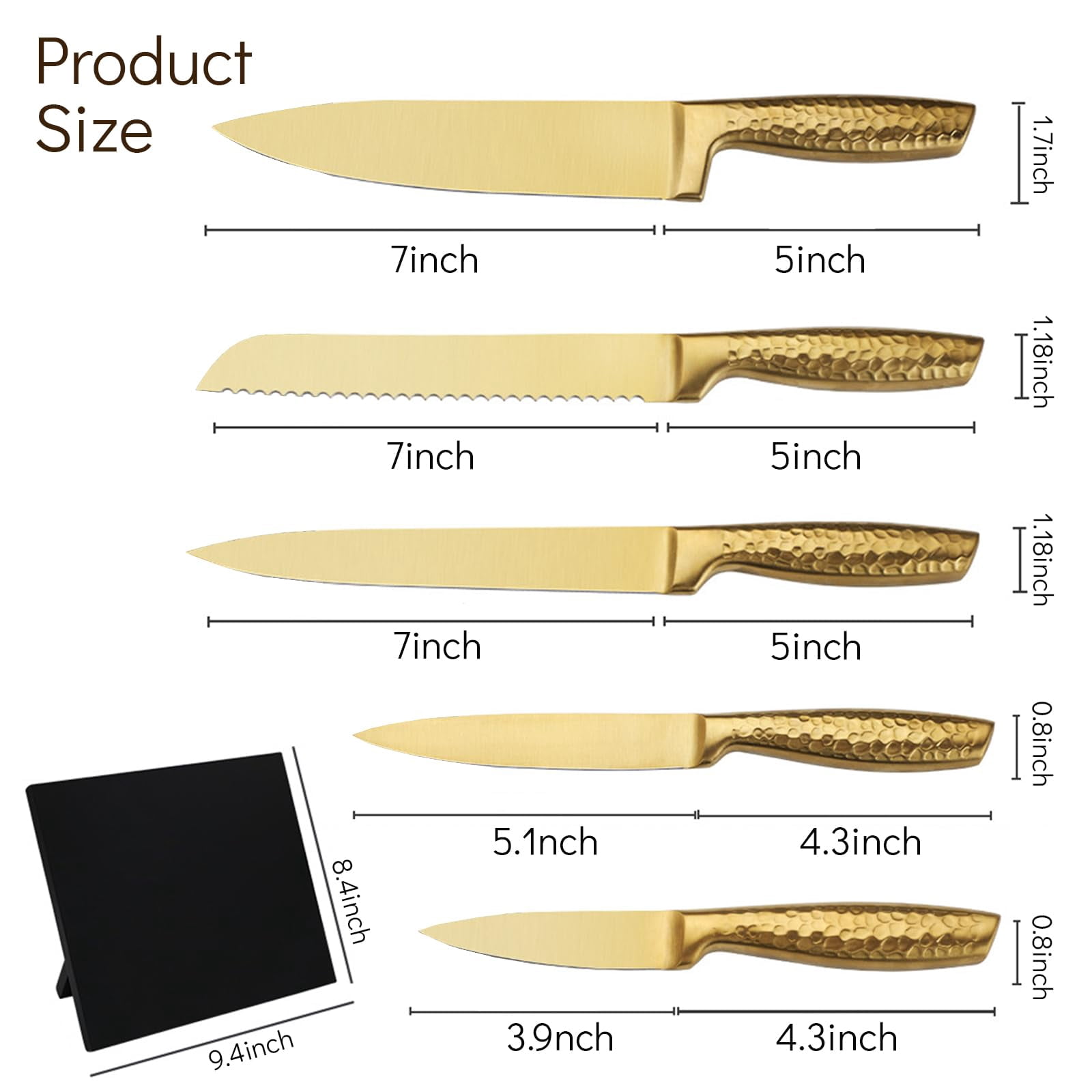 Professional Kitchen Knife Set 6 Piece, High Carbon Stainless Steel Sharp Knives with Ergonomic Hammer Handle, Wooden Magnetic Knife Block Holder, Gold