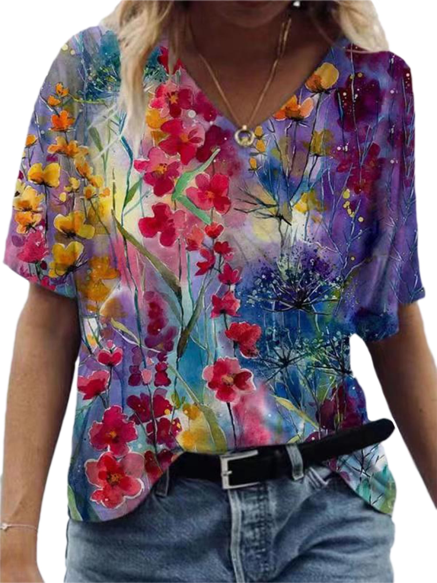 Women Summer Tees Casual Print Floral V-Neck Short Sleeve T-Shirt Tops Blouse