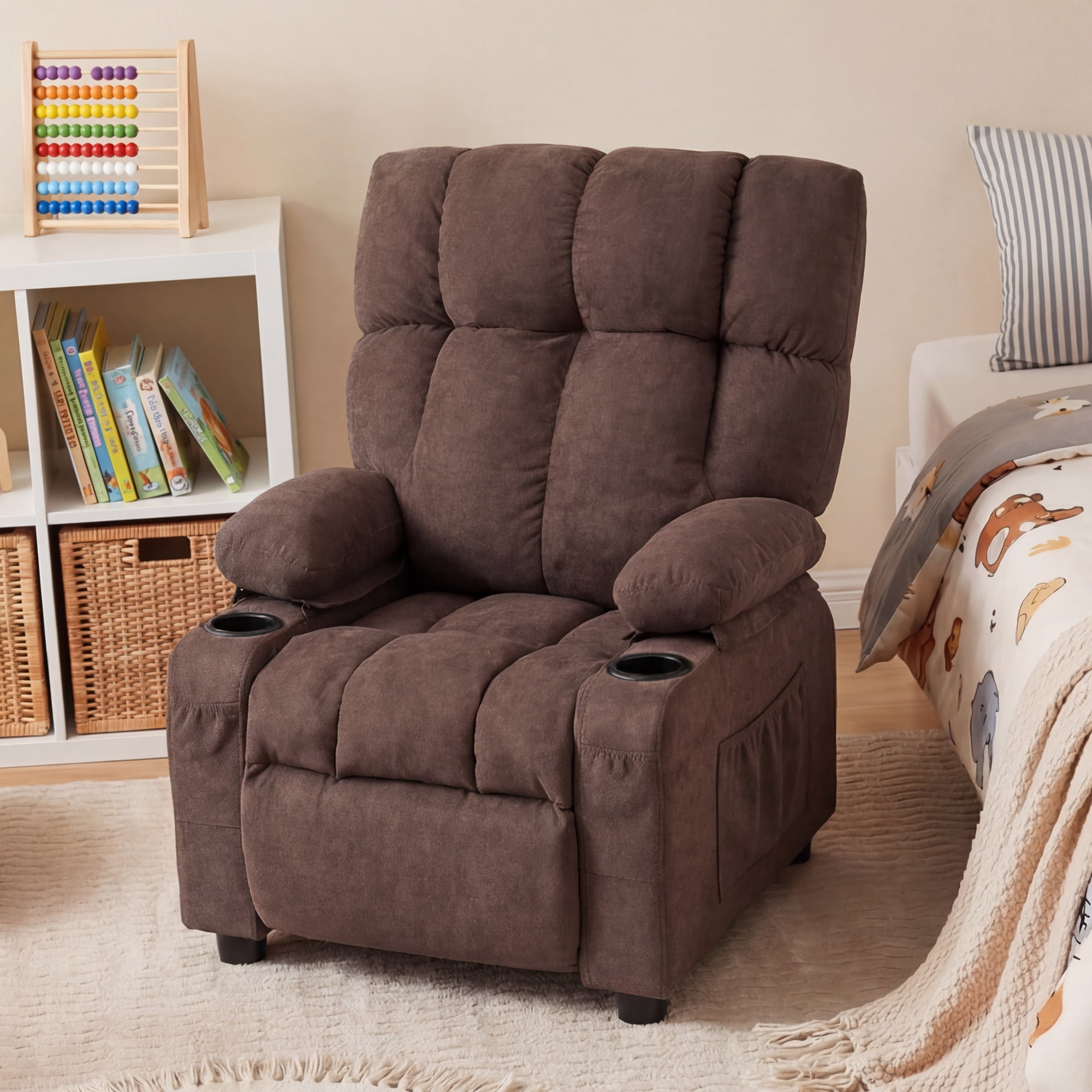 JONPONY Kids Recliner Chair,Push Back Toddler Recliner with Cup Holders & Side Pockets，Adjustable Footrest & Headrest Kids Sofa for Boys Girls 3+ Age Group，Children's Bedroom Furniture ，Brown