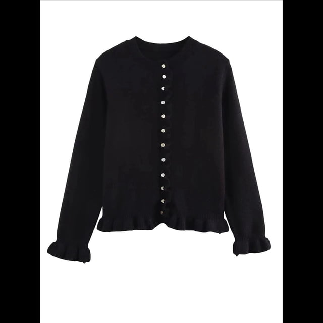 Suéter Tipo Cárdigan Corto para Mujer, Moderno, con Cuello Redondo, Volantes, Larga, Botones, Prendas de Punto. Negro L