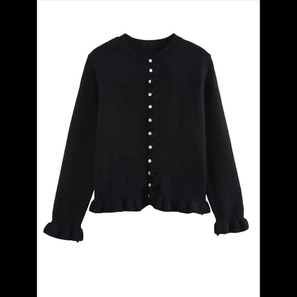 Suéter Tipo Cárdigan Corto para Mujer, Moderno, con Cuello Redondo, Volantes, Larga, Botones, Prendas de Punto. Negro L