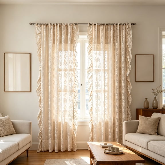 Soft Coffee Lace Curtains, Lightweight Sheer Lace Curtains with Floral Pattern, French Curtains Lace for Kitchen Bay Window Living Room Bedroom