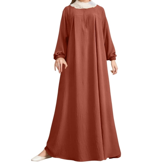 Women Dress Puff Sleeve Zipper Front Round Neck Elastic Flowy Robe Abaya Middle Style Long Dress