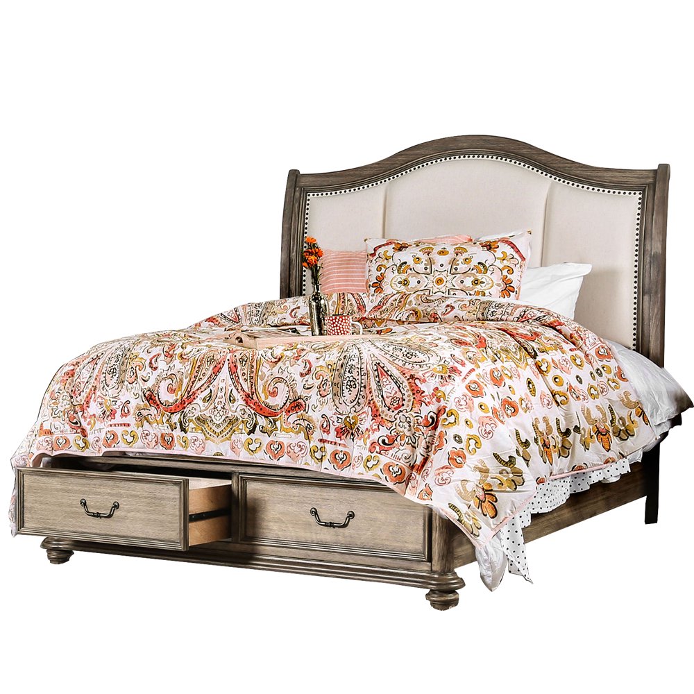 Fabric Upholstered California King Bed with 2 Drawers, Brown and Beige