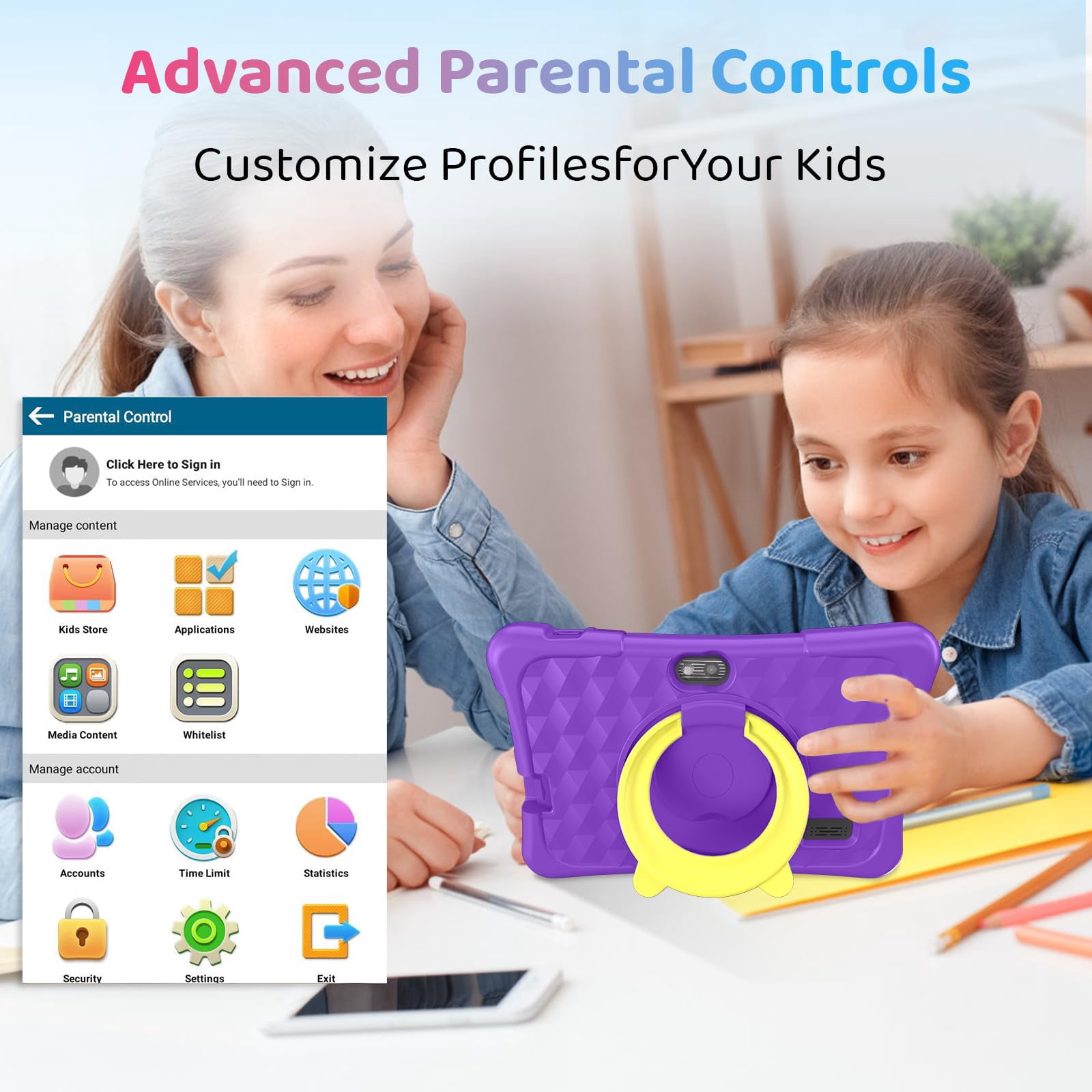 Kids Tablet, 7 inch Android 15 Tablet for Kids, 8GB+32GB 1TB Expand, Quad-Core Toddler Tablets with Shockproof Case, BT5.0, Wifi5, Parental Control, Games, Dual Camera