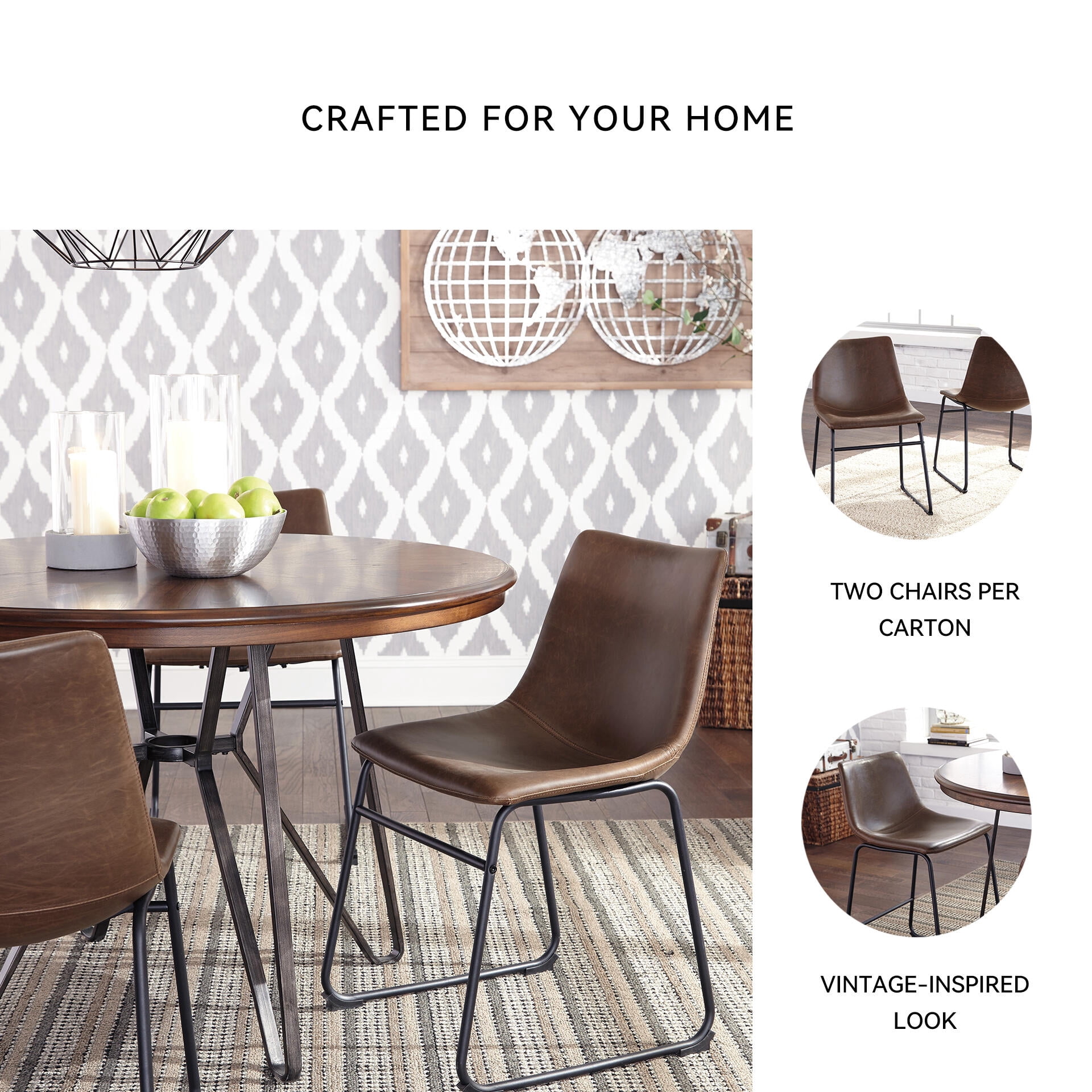 Signature Design by Ashley Centiar Mid-Century Dining Chairs Set of 2, Brown Faux Leather Bucket Seat Dining Chairs with Tubular Metal Base