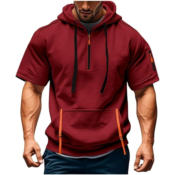 Dagugfen Shirts for Men Hoodie Drawstring Zipper Neck Short Sleeve Loose Lightweight Pullover Pockets