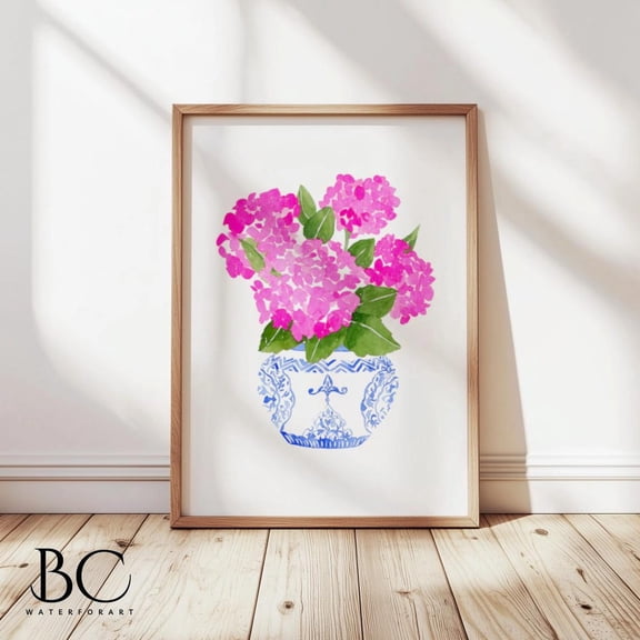 Pink Hydrangea Chinoiserie Hydrangea Blue and White Porcelain Wall Decor, Unframed Paper Poster 8x10in