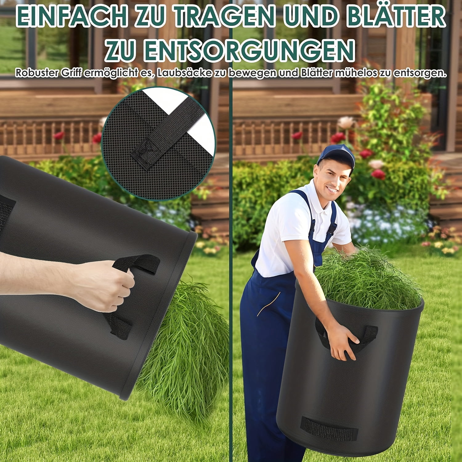 QUTETN  72-Gallon Garden Garbage Bag with Handles – 29.9"x26.6" Self-Supporting Leaf & Yard Waste Bin, Durable & Corrosion-Resistant for Outdoor Cleanup, Compost or Storage – Black