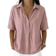 thumbnail image 2 of Dweltoz Tops for Women Collared Button Down Short Sleeve Breathable Casual Athletic Tops V Neck Solid Golf Collared Shirt,Light pink XL, 2 of 7