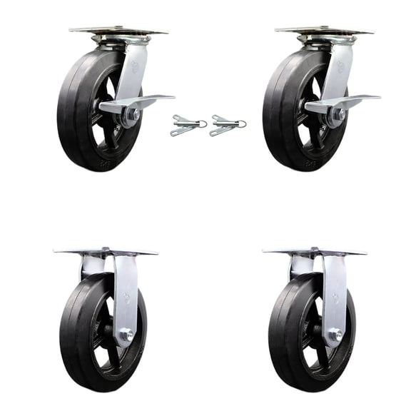 8 Inch Rubber on Steel Caster Set 2 Brakes/Swivel Locks and 2 Rigid SCC