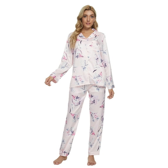 MintLimit Women's Satin Silky Pajamas Set Floral Long Sleeve Button Down V-neck Shirt and Pants Sleepwear Lounge Pyjamas