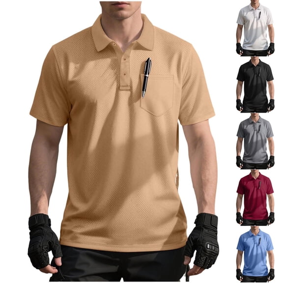 Mens Golf Shirt with Pocket Short Sleeve Moisture Wicking Polo-Collared Business Casual Tops Quick Dry (XL, Khaki)