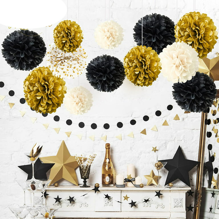 12pcs Black Gold Party Decorations-Black Gold White Tissue Paper Pom Poms  for Wedding, Birthday, Bachelorette, Graduation 2022 Decorations, Prom  Decorations, Anniversary Party Supplies 