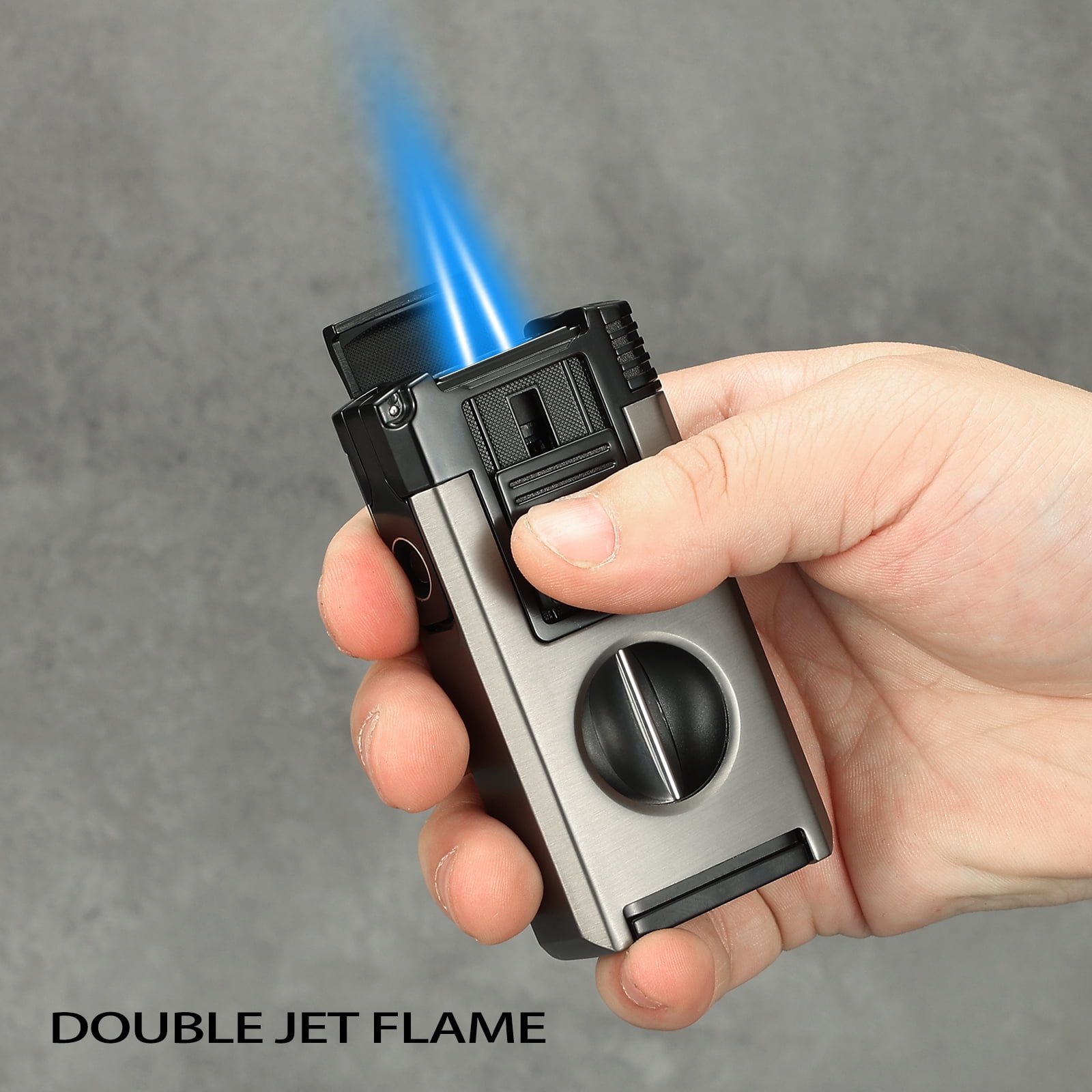 All in One Jet Flame Cigar Torch Lighter Built-in Cutter V Cut, Punch, Holder Function, Draw Enhancer Tool, Refillable and Adjustable Windproof Lighter (Sold Without Gas)