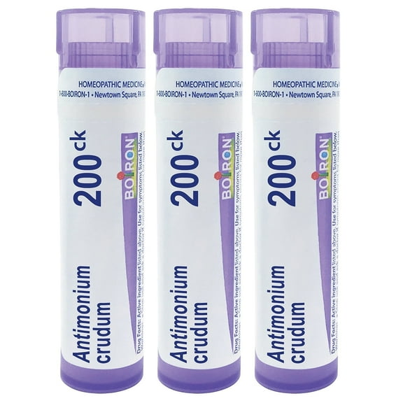 Boiron Antimonium Crudum 200CK, Homeopathic Medicine for Indigestion With Nausea From Overeating, 3 Count (3 x 80 Pellets)