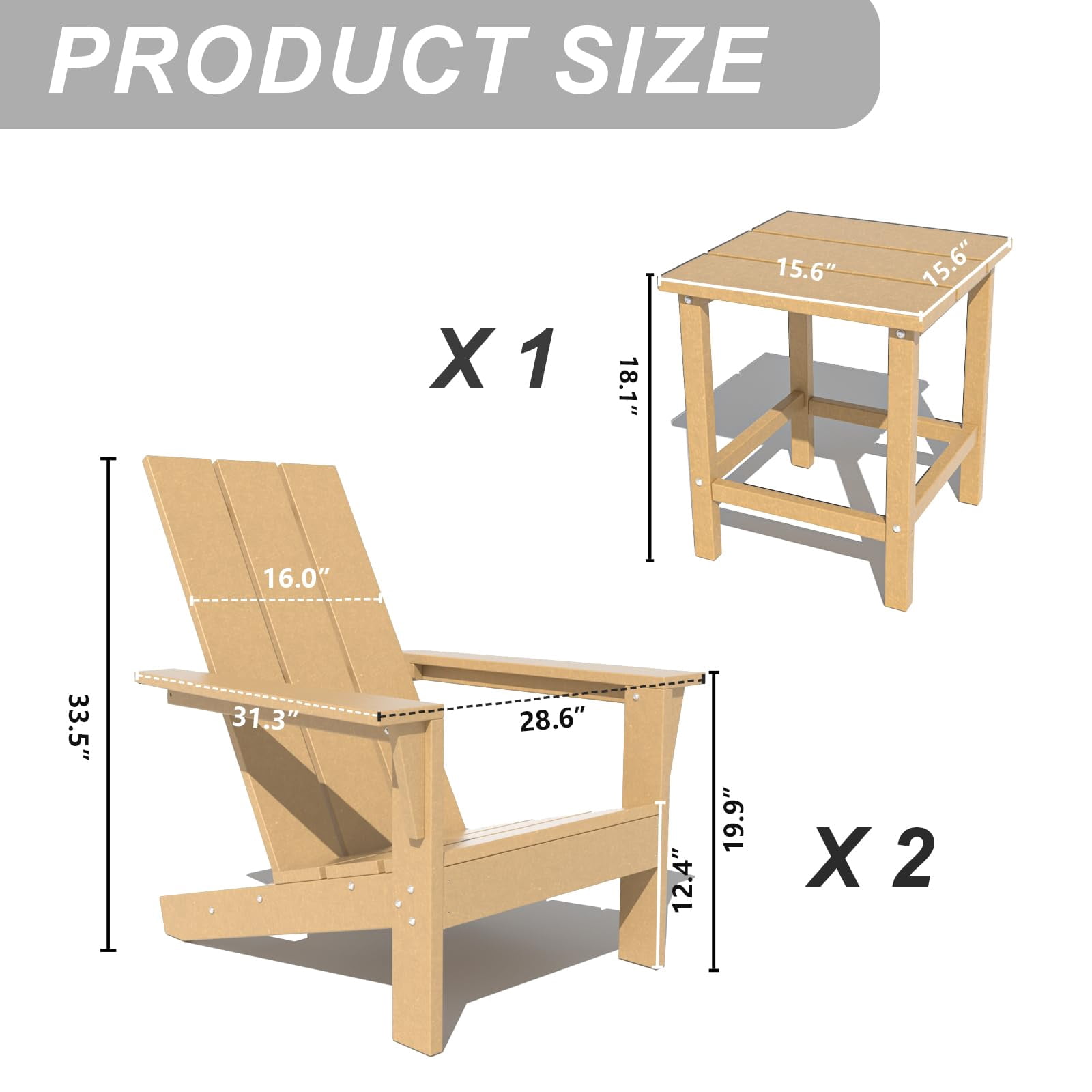 Kullavik Adirondack Chair 3 Piece Set With Table, Heavy All-Weather HDPE.Outdoor Lounge Chair for Patio Deck Garden, Backyard Deck& Lawn Furniture - Looks Exactly Like Real Wood-Sand