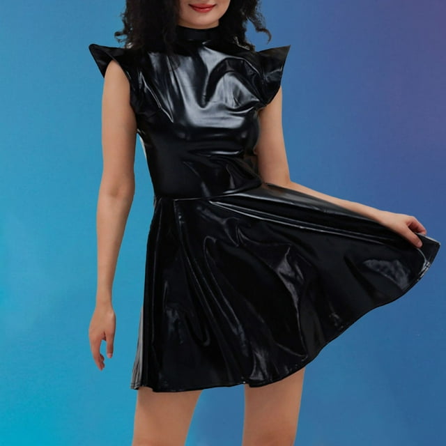 iTNHFP Robe d'Été pour Femmes Longue Robe à Sequins en Cuir Doré Chaud Jupe Plissée Couleur Unie