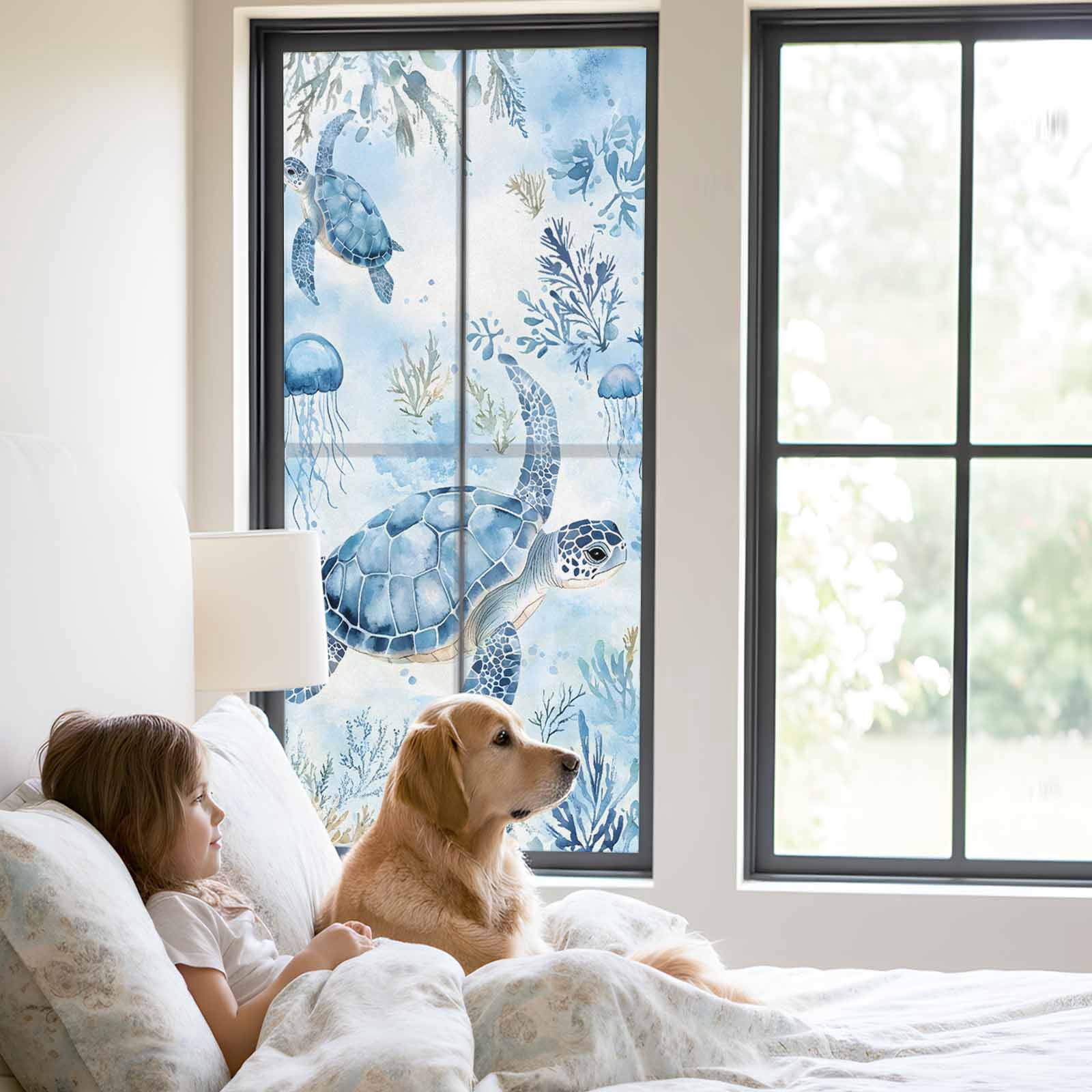 Blue Turtle Coastal Window Privacy Film, Coral Beach Nautical Ocean Static Cling UV Sun Blocking Heat Control Window Tint Day and Night, Non-Adhesive One Way Windows Privacy Cover 23.6''x59''