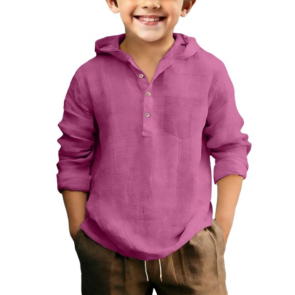 EnJoCho Linen Shirts for Boys Half Button Up School Hooded T Shirts Teen Loose Long Sleeve Lightweight Summer Beach Tee Tops Boys Linen Blend Casual Shirt
