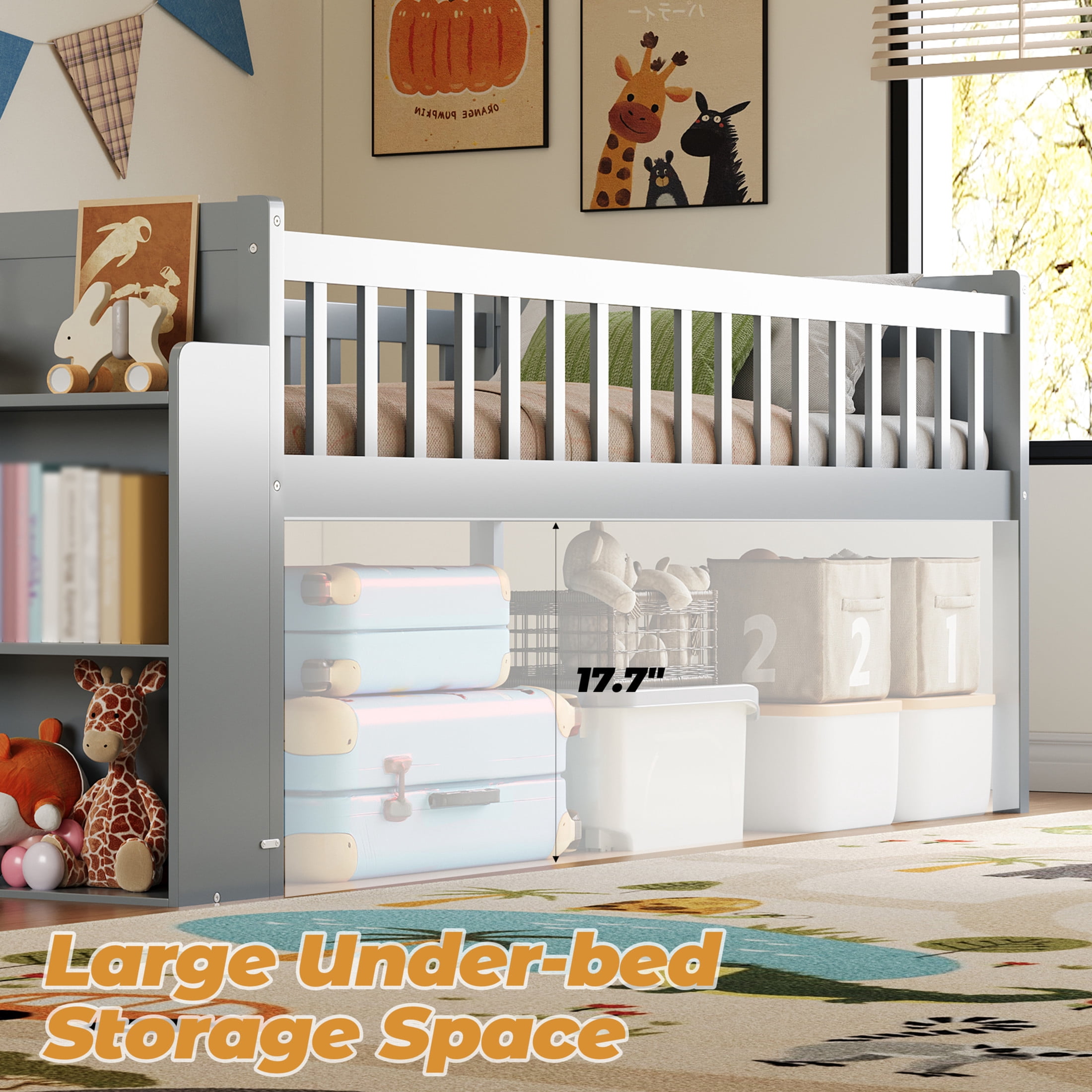 Noble House Twin Bed Frame with Storage Shelf, Platform Bed with Slide and Guardrail, Gray