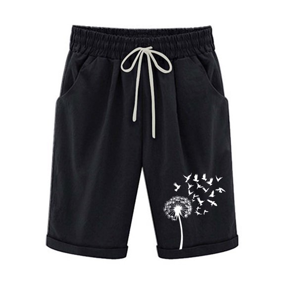 Htigea Hawaiian Beach Shorts for Women Drawstring Elastic Waist Knee Length Shorts Summer Bermuda Shorts with Pocket Black S
