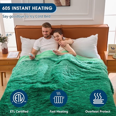 Heated Electric Blanket Faux Fur Queen Size with Fluffy Sherpa Back Dual Control, Warm Gift Soft Plush Heating Blankets with 10 Heat Settings, 5 Time Settings, ETL 84"x90",Forest Green