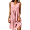 thumbnail image 3 of Umfun Casual V-Neck Linen Mini Dresses for Women with Gathered Waist - Sleeveless Relaxed Fit Summer Dress for Picnic & Day Trips, 3 of 9