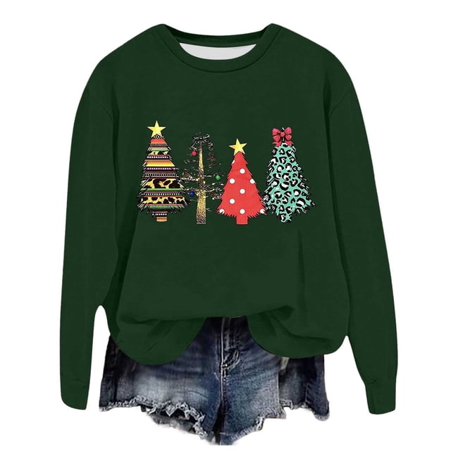 VBARHMQRT Plus Size Oversized Sweatshirt Women's Long Sleeved Crew Neck Christmas Print Lightweight Hoodie