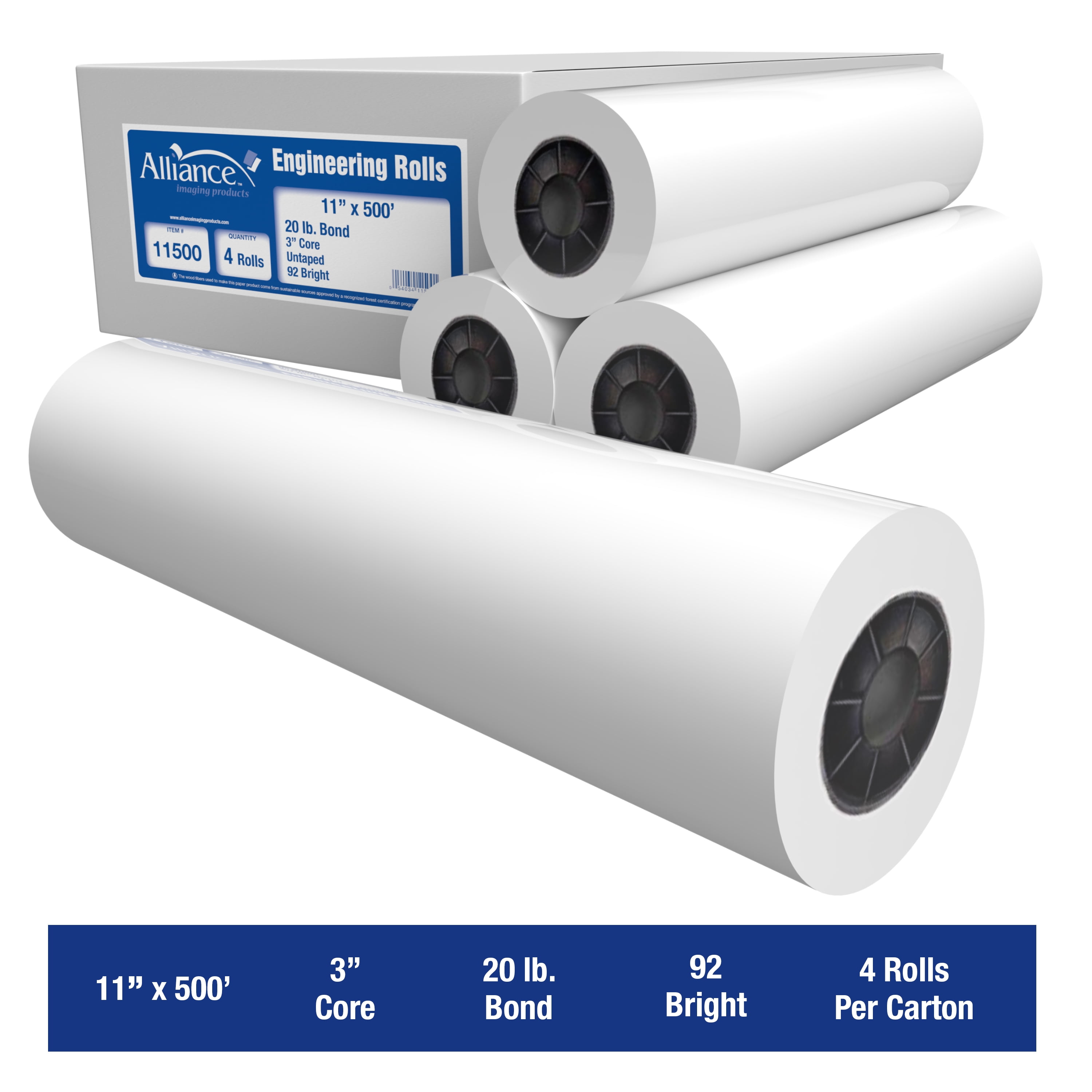 Alliance Wide Format Paper 11" x 500' Bond Engineering 20lb | 92 Bright | 4 Rolls | 3" Core