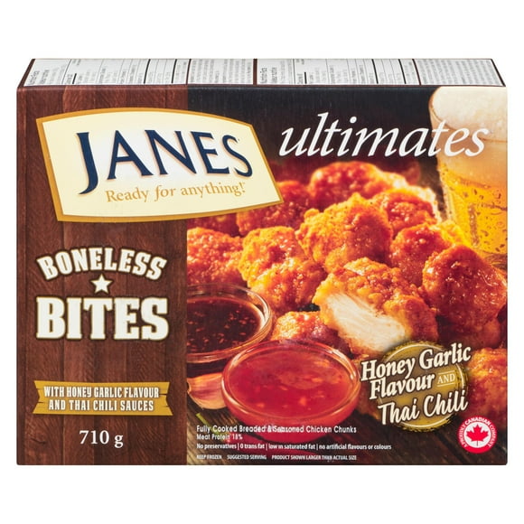 Janes ultimates Breaded & Seasoned Boneless Chicken Bites Honey Garlic and Thai Chili, 710g