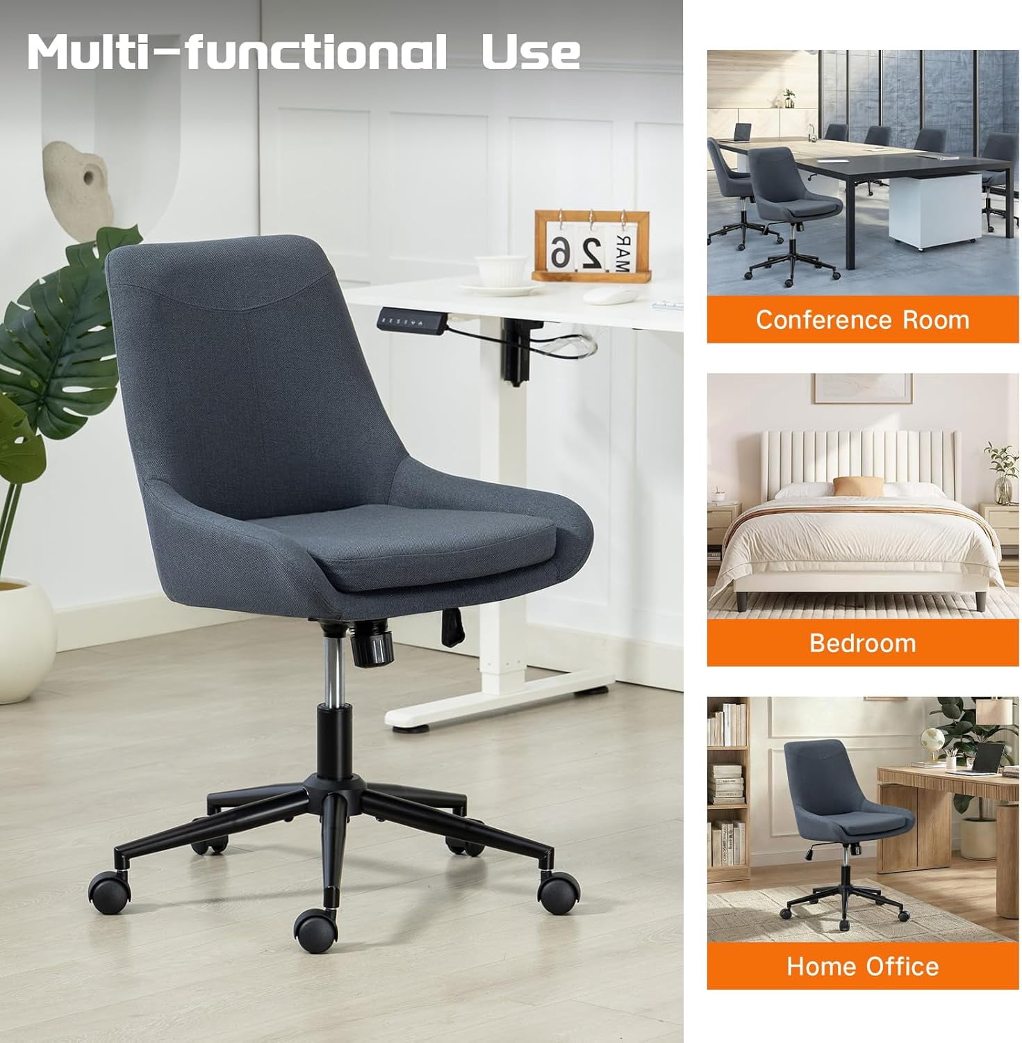 Breathable Linen Fabric Home Office Chair, Comfortable Armless Task Chair Swivel Rolling Adjustable Height Home Office