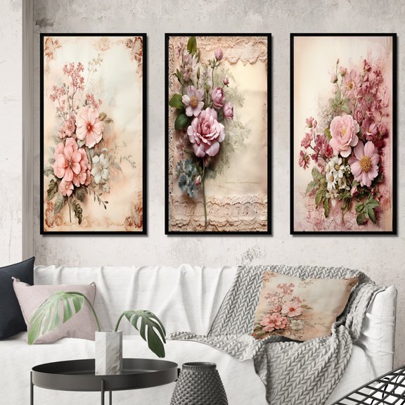 Designart "Rustic Bouquet Pink Roses in Blossom I" Rose Framed Wall Art Set Of 3 - Pink Traditional Frame Gallery Wall Set For Home Decor