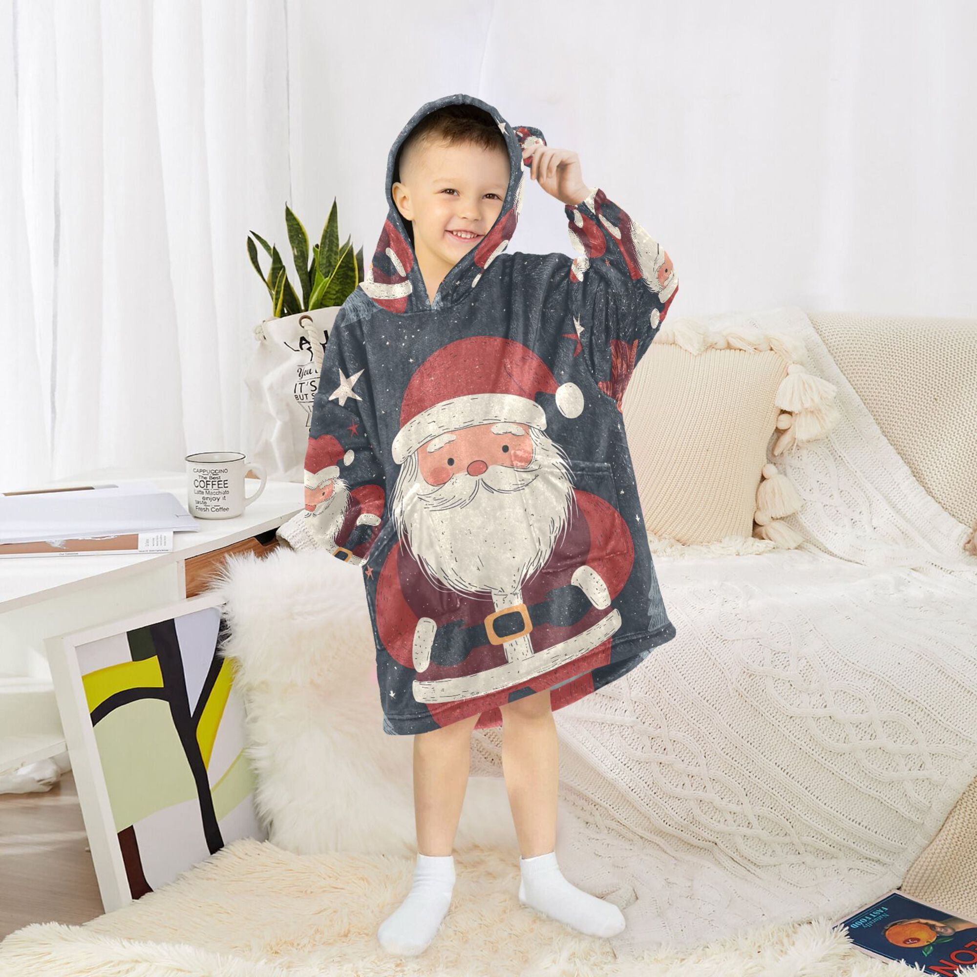FORMRS Wearable Blanket Hoodie with Sleeves for Kids Cozy Flannel Sweatshirt, Blue Christmas Santa