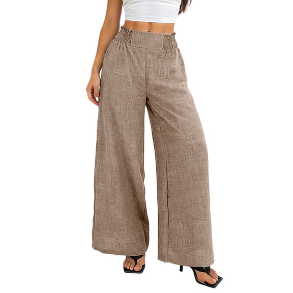 cocolona Womens Summer Casual Loose Wide Leg Pants Solid Color Elastic Waist Straight Beach Trousers