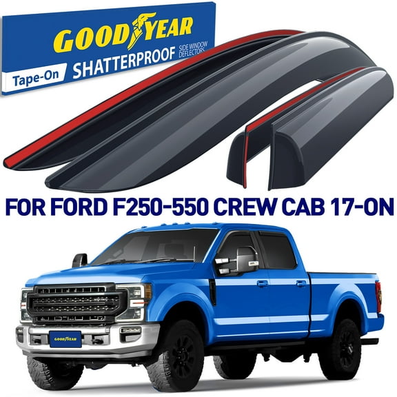 Goodyear Shatterproof Window Deflectors for Ford F250 to F550 Super Duty 2017-2025 Crew Cab, Tape-on Rain Guards, Window Visors, Vent Deflector Visor, Car Accessories, 4 pcs. - GY008801