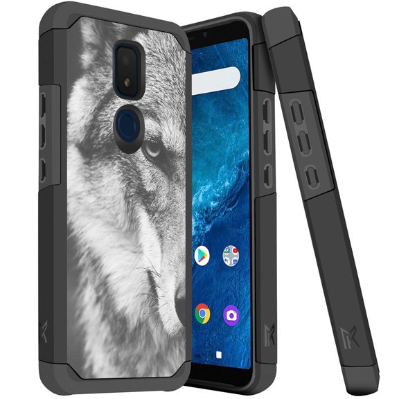 ANJ  Slim Dual Layer Hybrid Shockproof Case   Tempered Glass Cover for Cricket Icon 3, Splendor, AT&T Motivate 2 - Half Face Wolf