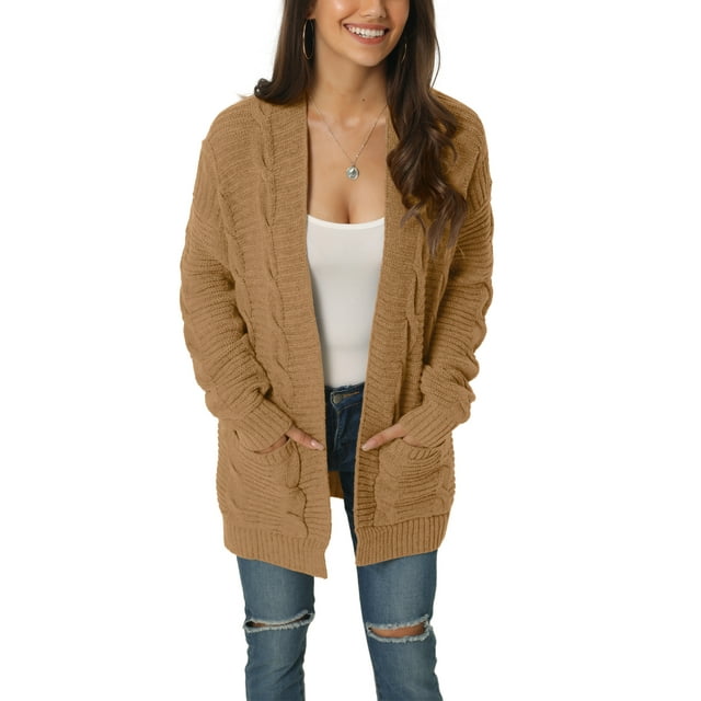 INSPIRE CHIC Women's Fall Winter Long Sleeve Cable Knit Open Front Sweater Cardigan with Pockets M Khaki