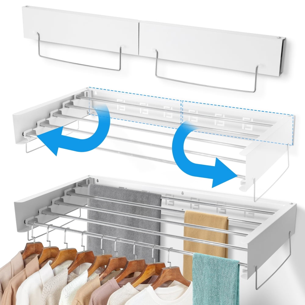 BEAMNOVA Wall Mounted Clothes Drying Rack, 31.5" Foldable Laundry Hanging Drying Rod, Towel Rack, 5 Rods, Aluminum